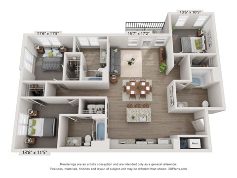 Floor plan for 3 beds, 3 baths, 1369 sqft